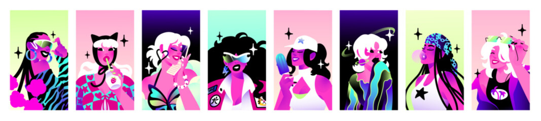 Fashion girls' avatars set. Portraits of stylish young women with dreadlocks, sunglasses. Modern female profiles with rectangle shape. Trendy persons on vertical posters. Flat vector illustrations