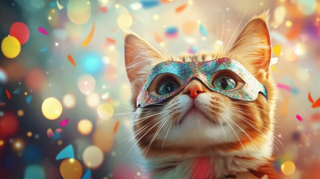 Whimsical Cat in Vibrant Masquerade: Playful Feline with Cardboard Mask in Festive Atmosphere
