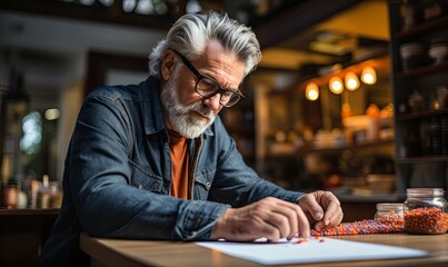 Man Sitting at Table Writing on Paper