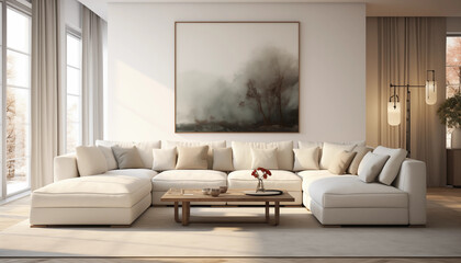 Modern Living Room Interior Design with White Sectional Sofa and Wooden Coffee Table