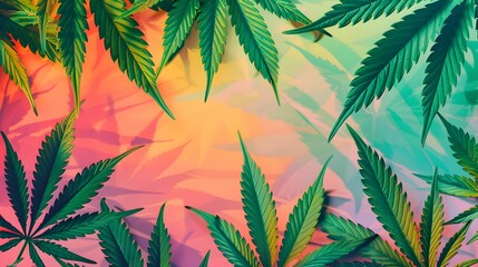 Marijuana leaves on a colorful background, close up top view on cannabis leaves and branches on...