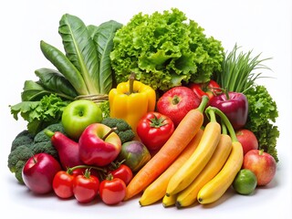 Vibrant assortment of fresh fruits and vegetables, including apples, bananas, carrots, and leafy greens, isolated on transparent and white backgrounds for culinary visuals.