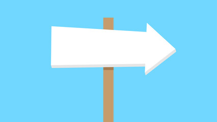 Wooden signpost with a single blank directional arrow pointing right on a blue background