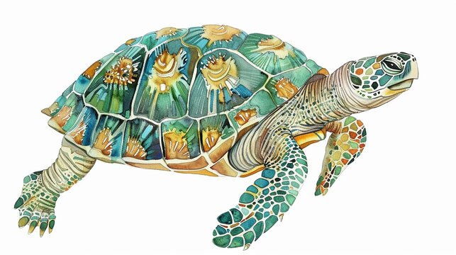 Realistic turtle with intricate shell patterns,Clipart, watercolor illustration, Perfect for nursery art The style is hand  drawn, white background