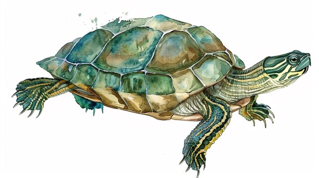 Map turtle with distinctive shell markings,Clipart, watercolor illustration, Perfect for nursery art The style is hand  drawn, white background