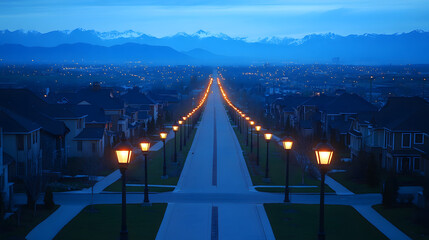 Fototapeta premium Scenic Dusk View of a New Neighborhood with Solar-Powered Streetlights Lighting Up newly Paved Sidewalks.