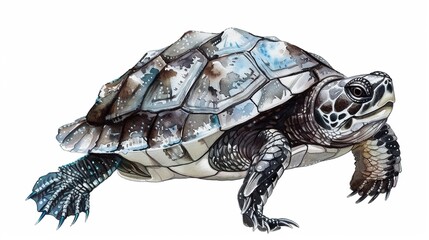 Fototapeta premium Melanistic turtle with dark pigmentation,Clipart, watercolor illustration, Perfect for nursery art The style is hand drawn, white background