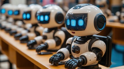 A line of robots with blue lights on their faces, standing on a wooden table