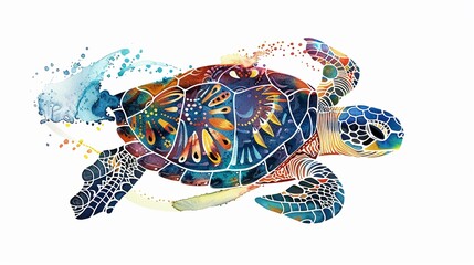 Fototapeta premium Tribal turtle with intricate tribal designs,Clipart, watercolor illustration, Perfect for nursery art The style is hand drawn, white background