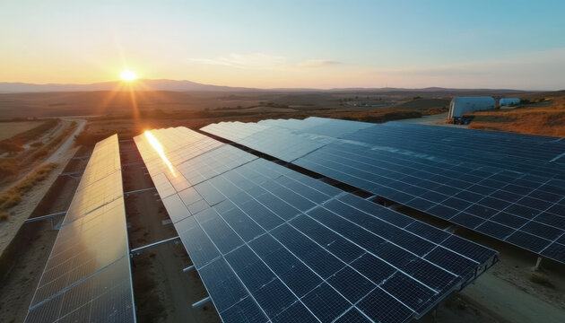 Solar Panels Farm at sunset with a scenic and beautiful golden hour, renewable