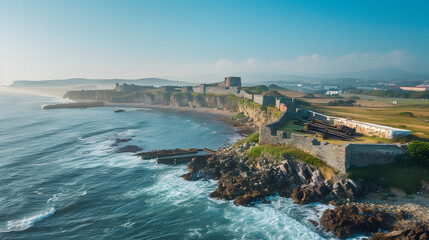 A historic fort overlooking the Atlantic coast, with ancient cannons pointed out to sea and waves crashing against the rocky shore below.
