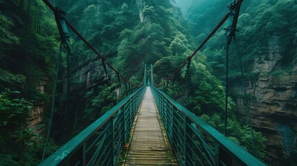 Obraz premium Suspension Bridge Through a Lush Green Canyon