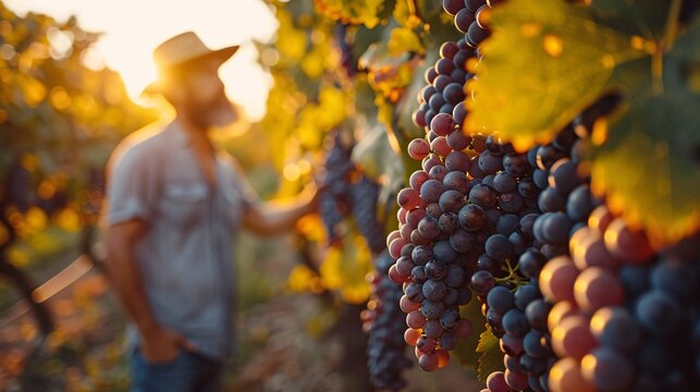 Unidentified vineyard employee meticulously cares for thriving grapevines in a sunny vineyard showcasing customary winegrowing methods.