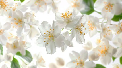 Ethereal jasmine blossoms floating against a pure white backdrop.