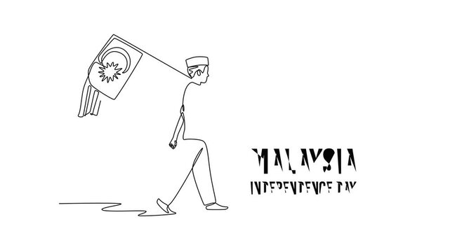 Malaysia Independence Day concept. Single line draw design. Full length animation illustration. High quality 4k footage.