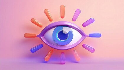 Obraz premium A colorful 3D illustration of an eye with vibrant rays emanating, symbolizing vision, perception, and creativity.