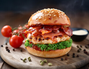 Heavy Breakfast burger with crispy bacon vegetable on wooden plate and table on blurred of decorated tomato and black background.