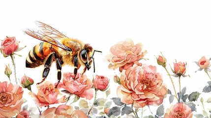 Bee in a garden of roses,Clipart, watercolor illustration, Perfect for nursery art The style is hand  drawn, white background