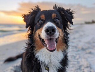 Fototapeta premium Australian shepherd dog on the beach at sunset. AI.