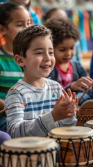 A young boy smiles while playing the drums during a music class. AI.