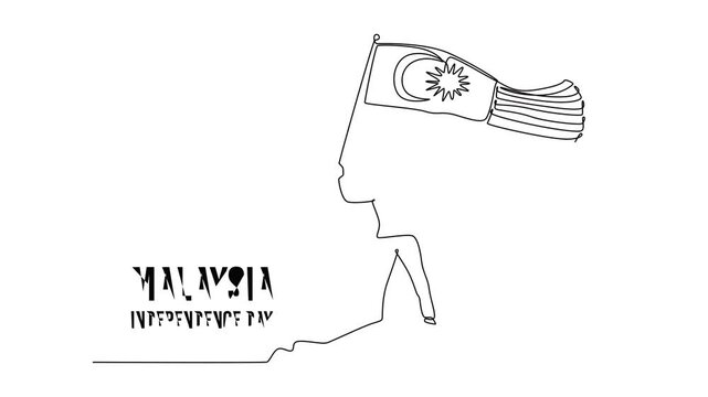 Malaysia Independence Day concept. Single line draw design. Full length animation illustration. High quality 4k footage.