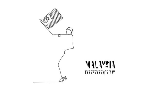Malaysia Independence Day concept. Single line draw design. Full length animation illustration. High quality 4k footage.