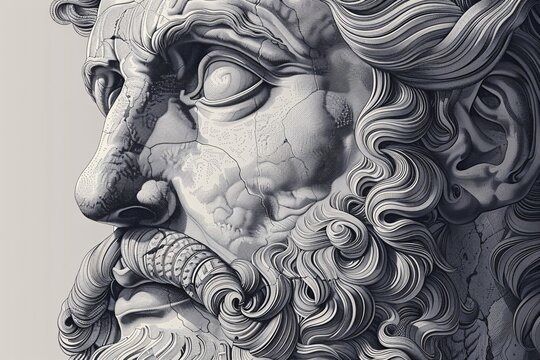 Intricately carved vintage profile - print. Intricate design (swirls) of old Hellenic depiction (zoomed male face). Digital illustration for historic currency artwork.