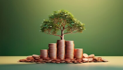 A vibrant tree symbolizes growth and prosperity, surrounded by stacked coins, representing wealth and financial success.