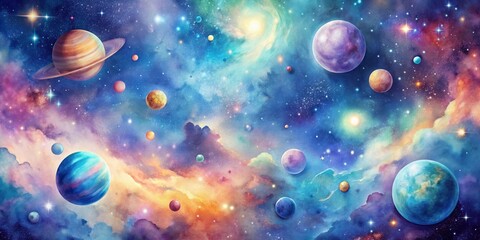 Enchanted watercolor universe featuring dreamy cosmic worlds and sparkling stars , watercolor, enchanted, universe, dreamy