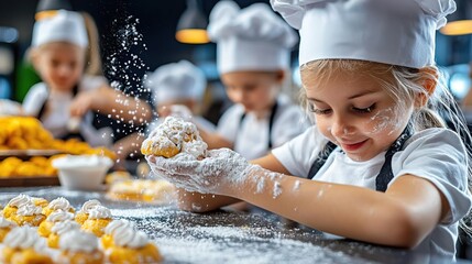 Detail shot of children in a baking studio, working with ingredients and kitchen tools in a supervised baking classroom environment.