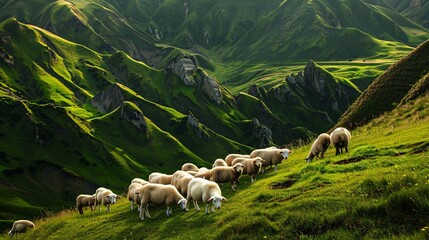 Obraz premium A herd of sheep grazed contentedly on the vibrant, verdant slope.