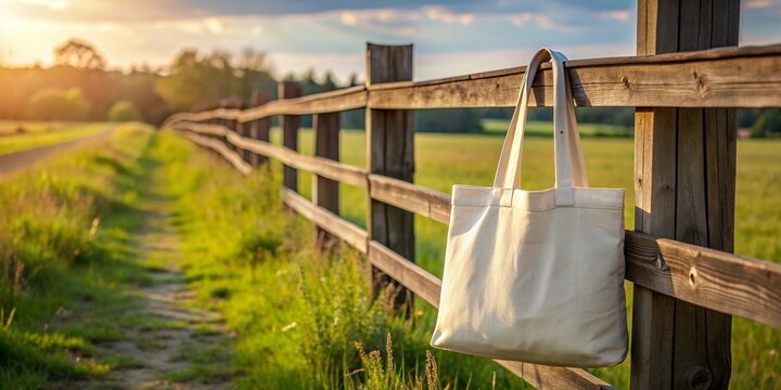 Blank tote bag hanging on rustic fence in golden sunlight countryside setting, white, blank, tote bag, rustic