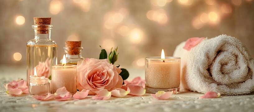 A tranquil spa setup featuring an arrangement of scented candles, soft pink rose petals