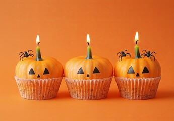 A trio of raw mini pumpkins placed in Halloween
