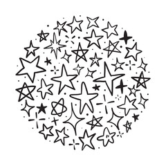 Set of hand drawn doodle sparkling stars with round shapes isolated on white background.

