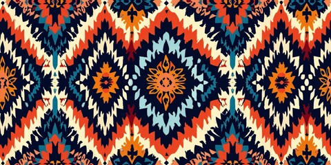 Seamless tribal pattern featuring ethnic motifs, geometric designs, and traditional embroidery styles in a bohemian aesthetic.