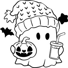 holding, minimalist, holiday season, cartoon, sticker, printable, beige, print, black thin lines, winter, cute, ghost, beverage, vector, christmas, drink, spooky, coffee, illustration, mug