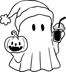 holding, minimalist, holiday season, cartoon, sticker, printable, beige, print, black thin lines, winter, cute, ghost, beverage, vector, christmas, drink, spooky, coffee, illustration, mug