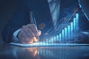 Hombre de negocios escribiendo en un cuaderno con gráfico digital y pilas de monedas en una mesa de madera, gráfico de crecimiento ascendente, holograma de línea de flecha en pantalla virtual con text