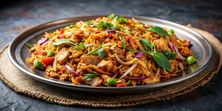 Sri Lankan kottu dish with chopped roti bread, vegetables, and chicken on a metal plate, Sri Lankan, kottu