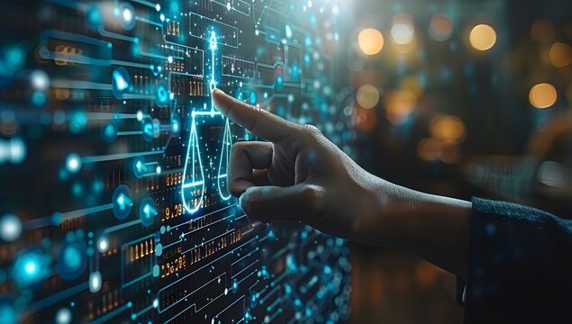 Hombre de negocios tocando un icono virtual de justicia, derecho y sistema judicial al estilo de la tecnolog&iacute;a de inteligencia artificial sobre un fondo azul oscuro para influenciador de IA en dise&ntilde;o 