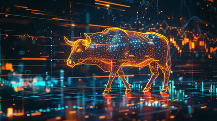 An abstract technology bull on a glowing stock market chart.