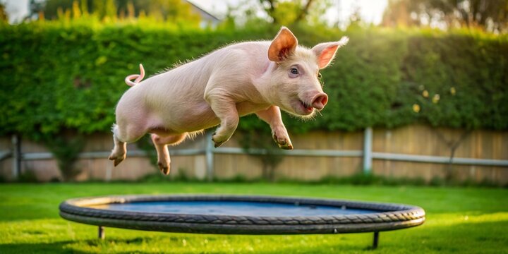 Funny pig jumping on trampoline in backyard with green lawn , pig, jumping, trampoline, backyard, green lawn, funny, playful