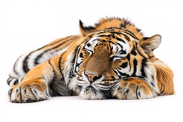 Obraz premium A solitary tiger resting on a white backdrop.
