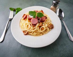 A plate of spaghetti with Cabonara cream and sausage on table