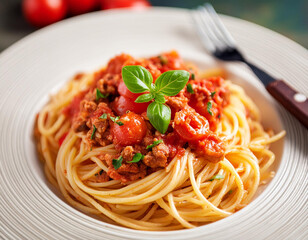 Closeup plate of spaghetti with tomatoes sauce and minced pork with spoon and fork on table