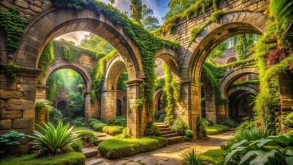 Ancient stone arches and lush greenery entwined in mystical harmony, evoking the legendary Hanging Gardens of Babylon's fabled beauty and architectural wonder.