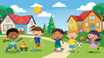 happy kids playing vector art illustration