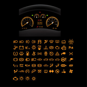 Collection of car dashboard panel indicators and icons in a yellow color with a dashboard