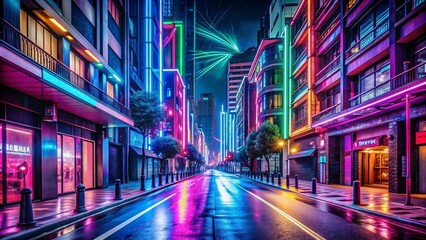 A dynamic scene of an empty street at night. The darkness and the vibrant neon lights creates a sense of anticipation, reflecting the potential for excitement and adventure